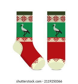 A Set Of Unisex Socks. Illustration of socks in eco style. The pattern of socks for flat clothes on the front and back is red. Unisex CAD mock-up.