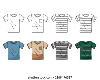 Conjunto de color y contorno vectorial de camisetas unisex, colección de ilustraciones de ropa, plantilla de camiseta básica
