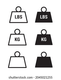 set of the unit imperial pound mass, kilogram, and metal weight heavy mass solid and line art style icon vector for websites