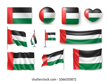 Set United Arab Emirates flags, banners, banners, symbols, flat icon. Vector illustration of collection of national symbols on various objects and state signs