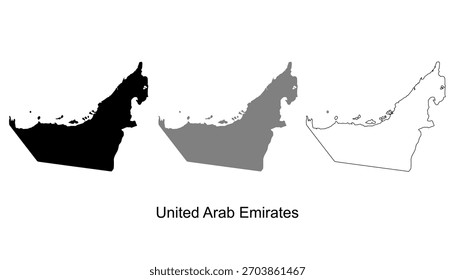 Conjunto de design de mapa dos Emirados Árabes Unidos. Ilustração vetorial do mapa dos Emirados Árabes Unidos em silhueta, cinza e contorno. Perfeito para infográficos, apresentações e materiais educacionais.