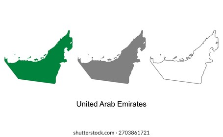 Set of United Arab Emirates Map Design. United Arab Emirates Map Vector Illustration on Green Silhouette, Gray, and Outline. Perfect for infographics, presentations, and educational materials.