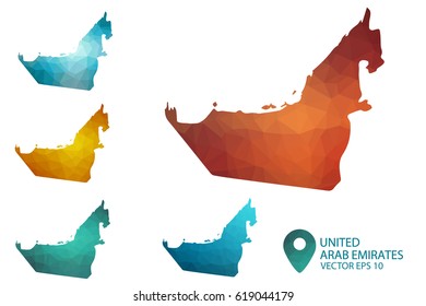Set of United Arab Emirates maps. Bright gradient map of country in low poly style. Multicolored country map in geometric style for your infographics. Vector illustration eps 10.