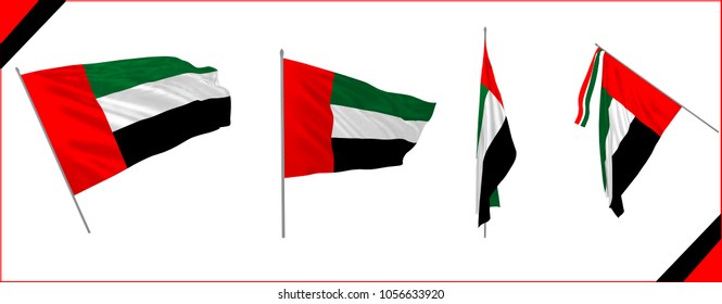 Set of United Arab Emirates state waving flags in solemn or proud style. Vector illustration.