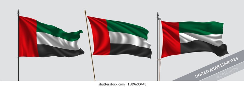 Set United Arab Emirates waving flag isolated background vector illustration  3 UAE wavy realistic flag as symbol patriotism 