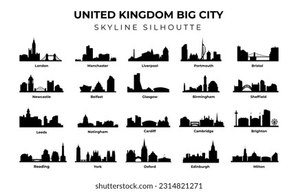 set of United Kingdom big cities skyline silhouette, Most Famous UK United Kingdom Cities Skyline City Silhouette Design Collection