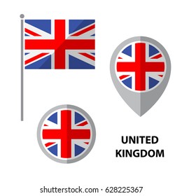 Set of United Kingdom flag and map pointer icon. Design elements for stickers or flyers. Flat design.