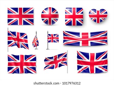 Set United Kingdom flags, banners, banners, symbols, flat icon. Vector illustration of collection of national symbols on various objects and state signs