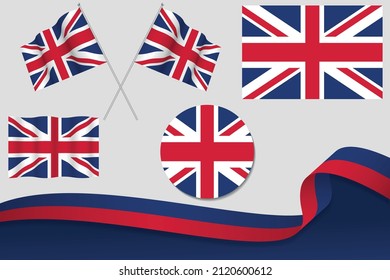 Set Of United Kingdom Flags In Different Designs, Icon, Flaying Flags With ribbon With Background. Free Vector