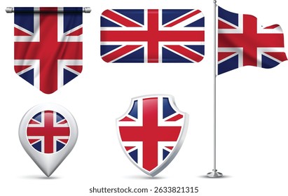 Set of United Kingdom Flags in Different Shapes and Styles