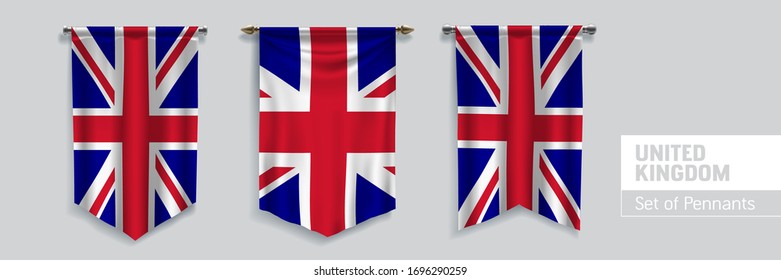 Set of United Kingdom of Great Britain waving pennants on isolated background vector illustration. 3 UK wavy realistic pennon as a symbol of patriotism