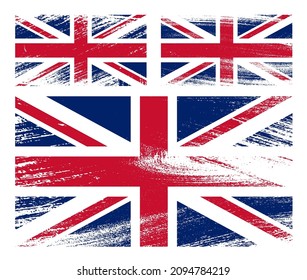 set of United Kingdom of Great Britain flag chalk scratch paint grunge textures on white background. Texture of old poster back with Britain flag. Vector