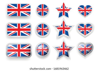 Set of United Kingdom (UK) vector labels square button, circle button, star and heart buttons in flag colors blue, red, white for flyer, poster or any holiday design