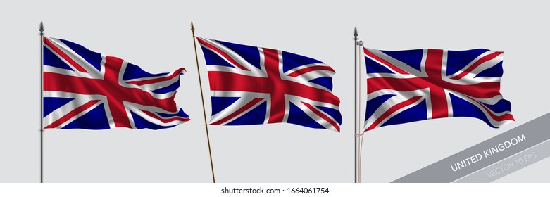 Set of United Kingdom waving flag on isolated background vector illustration. 3 UK wavy realistic flag as a symbol of patriotism