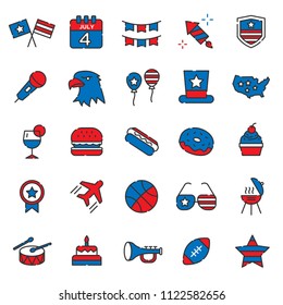 set of united state of america independence days party icon, 4th of July, with simple thin line and modern concept, use for web and print, editable stroke, american, Holidays, red and blue color  