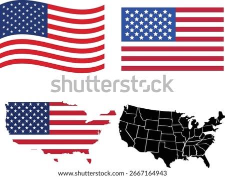 A set of united state flag icons. A set of flags in wavy,rectangular and map shapes. Flag icons.united state detailed map with flag of country and black colour. Vector illustration.