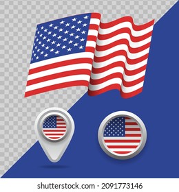 Set of United States of America flag. 3D American waving flag, map markers and emblem on transparent background vector illustration.