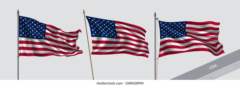 Set of United States of America waving flag on isolated background vector illustration. 3 USA wavy realistic flag as a symbol of patriotism 