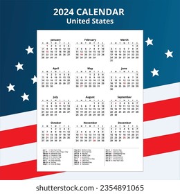 Set of United States Calendar 2024 template vector with public holiday, 12 month date simple minimal design for Planner, printing, Wall, advertisement