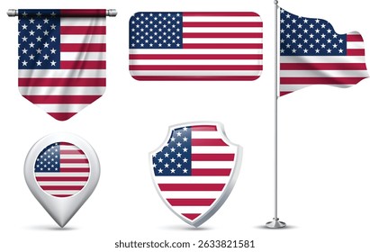 Set of United States Flags in Different Shapes and Styles