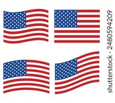 Set of the United States flags isolated on a transparent or white background. The American national and patriotic symbol, stars and stripes, emblematic of freedom and independence.