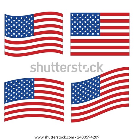Set of the United States flags isolated on a transparent or white background. The American national and patriotic symbol, stars and stripes, emblematic of freedom and independence.