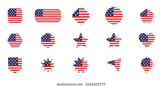 Set of United States flags in various shapes. Perfect for National Day, Independence Day, Memorial Day, Republic day and patriotic designs. Editable vector for digital, web, print and celebrations.