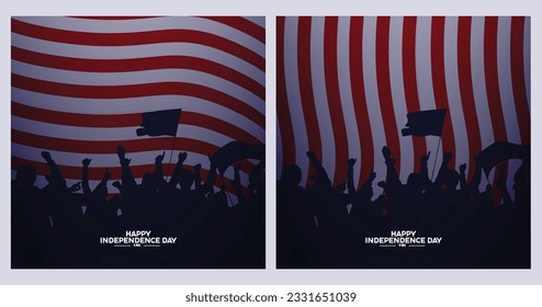 set of united states independence posters, with elements of statue of liberty, american flag background, vector illustration