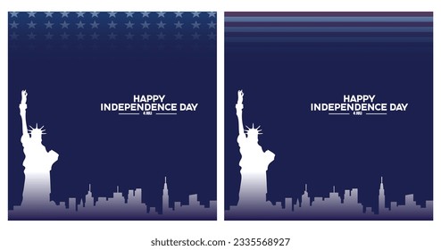set of united states independence posters, with elements of statue of liberty and city silhouette, american flag background, vector illustration