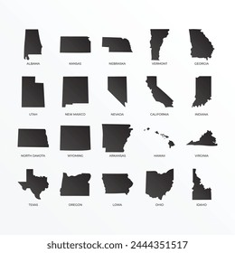 set of United States state map outlines, featuring sleek black gradients. These boundary silhouettes are perfect for various design needs