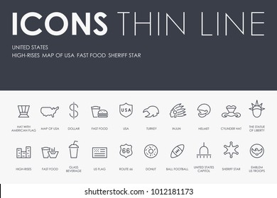 Set of UNITED STATES Thin Line Vector Icons and Pictograms