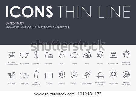 Set of UNITED STATES Thin Line Vector Icons and Pictograms