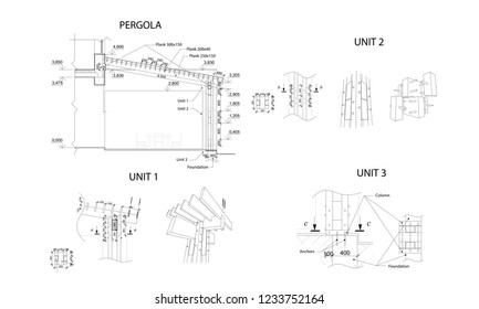 Set of units, detailed architectural technical drawing of pergola, vector blueprint