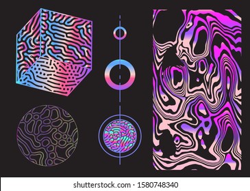 Set of univeral geometric elements in holographic rainbow colors on dark background.