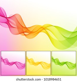 Set of Universal Abstract Backgrounds with Wave Lines. Collection of Smooth Wavy Horizontal Pink, Green, Yellow Curved Lines on Gradient Backdrop.