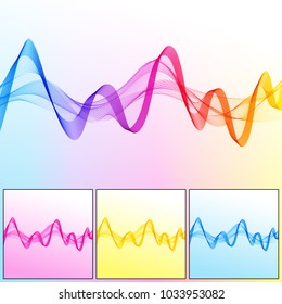 Set of Universal Abstract Backgrounds with Wave Lines of Different Colors. Collection of Smooth Wavy Horizontal Blue, Pink, Yellow Curved Lines on Gradient Backdrop.