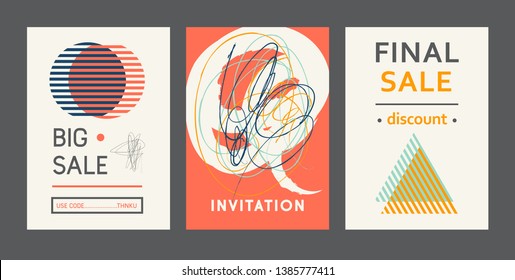 Set of universal abstract geometric cards. Designs for prints, wedding, anniversary, birthday, Valentine's day, party invitations, posters, cards, etc. Vector. Isolated.