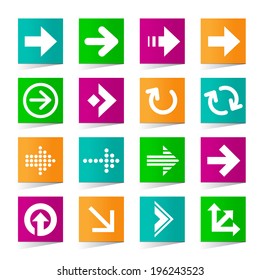 Set of Universal Arrow Icons on Square Colored Buttons on White Background 3.