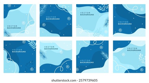 Set of universal art templates. Christmas social media post with christmas tree, snowflakes and winter plants. Vector design of christmas elements for greeting card, cover, social media post.