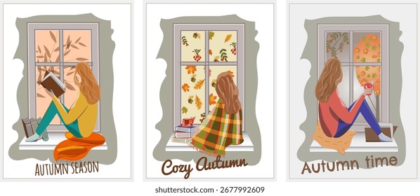Set of universal autumn cards. Autumn time, cozy autumn, fall season. Trendy design for wall decor, postcard, cover, packaging, t shirt, flyer, poster, banner, brochure, email header. 