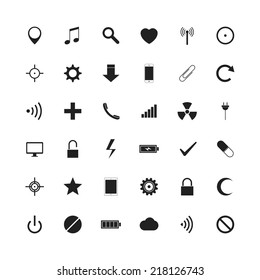 Set of universal black icons for web and smart phone (36 pieces). Isolated on white background. Vector illustration, eps 8.