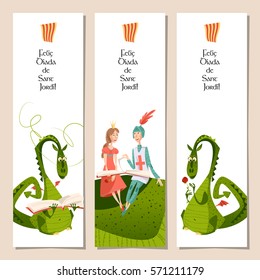 Juego de marcadores universales con princesa, caballero y dragones. Diada de Sant Jordi (Día de San Jorge). Felicitaciones. Plantilla. Ilustración del vector