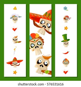 Set of universal cards and bookmarks with variety of Mexican style skulls. Dia de Muertos. Cinco de Mayo. Vector illustration.