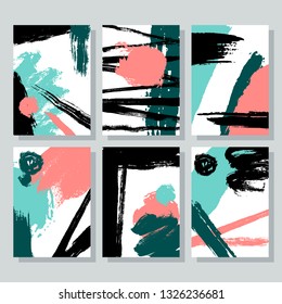 Set of universal cards with brush strokes, ink drawn scribbles, hand drawn textures. Creative cards for invitation, flyer, tag, party, banner, poster, book cover, company name vector illustration