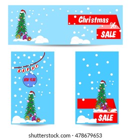 Set of universal cards for Christmas and New Year. Design for greeting cards, banners, brochures, posters, leaflets. Congratulations, sale. Vector.