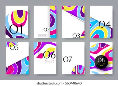Set universal cards with composition of rounded shapes. Flat creative minimalist design. Template for posters, brochures, flyers, placards, book covers, presentations, invitation. Isolated. A4 size