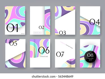 Set universal cards with composition of rounded shapes. Flat creative minimalist design. Template for posters, brochures, flyers, placards, book covers, presentations, invitation. Isolated. A4 size