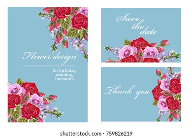 Set of universal cards with floral design. For weddings, invitations, valentines day, birthday, mother's day and other festive projects.