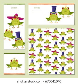Set of universal cards with Frogs in various hats. Birthday, anniversary, children's party, congratulations. Template. Vector illustration