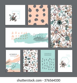 Set of universal cards. Hand Drawn textures. Wedding, anniversary, birthday, Valentine's day, party. Design for banner, poster, card, invitation, placard, brochure, flyer. Vector. Isolated.